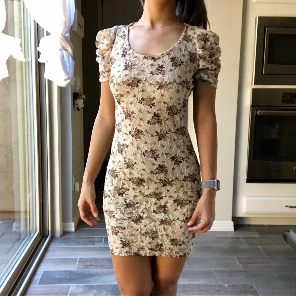 Floral Lace Beige Dress